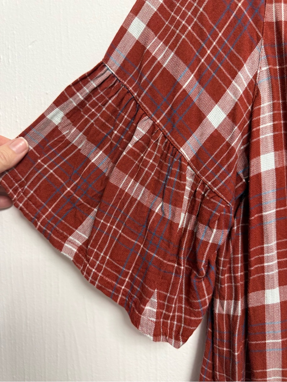 Plaid Ruffle Sleeve Button-Up Blouse – Rust / Blue / White - Picture 4 of 8